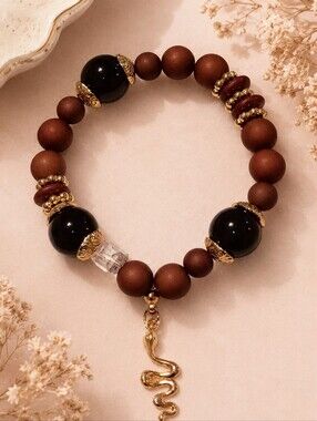 Handmade Wooden Brown Black Gold Beaded Snake Charm Stretch Bracelet